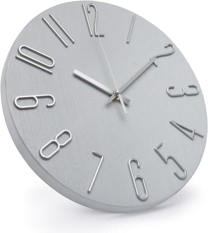 Wall Clock 12 Inch Silent Non-Ticking Imitation Wood Indoor Clock Round White Decor Clock Modern 3D Figures Quartz Wall Clocks for Home, Hotel, Office, School, Bedroom, Living Room, Kitchen