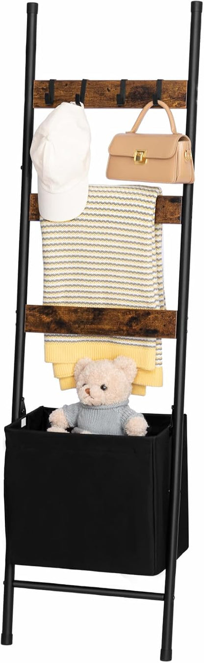 HOOBRO Blanket Ladder with Basket, 17.3”L x 63.4”H, Towel Rack with Hooks, Blanket Holder Rack, Decorative Ladder Shelf, Drying and Display Rack for Bathroom, Living Room, Rustic Brown BF31CJ01