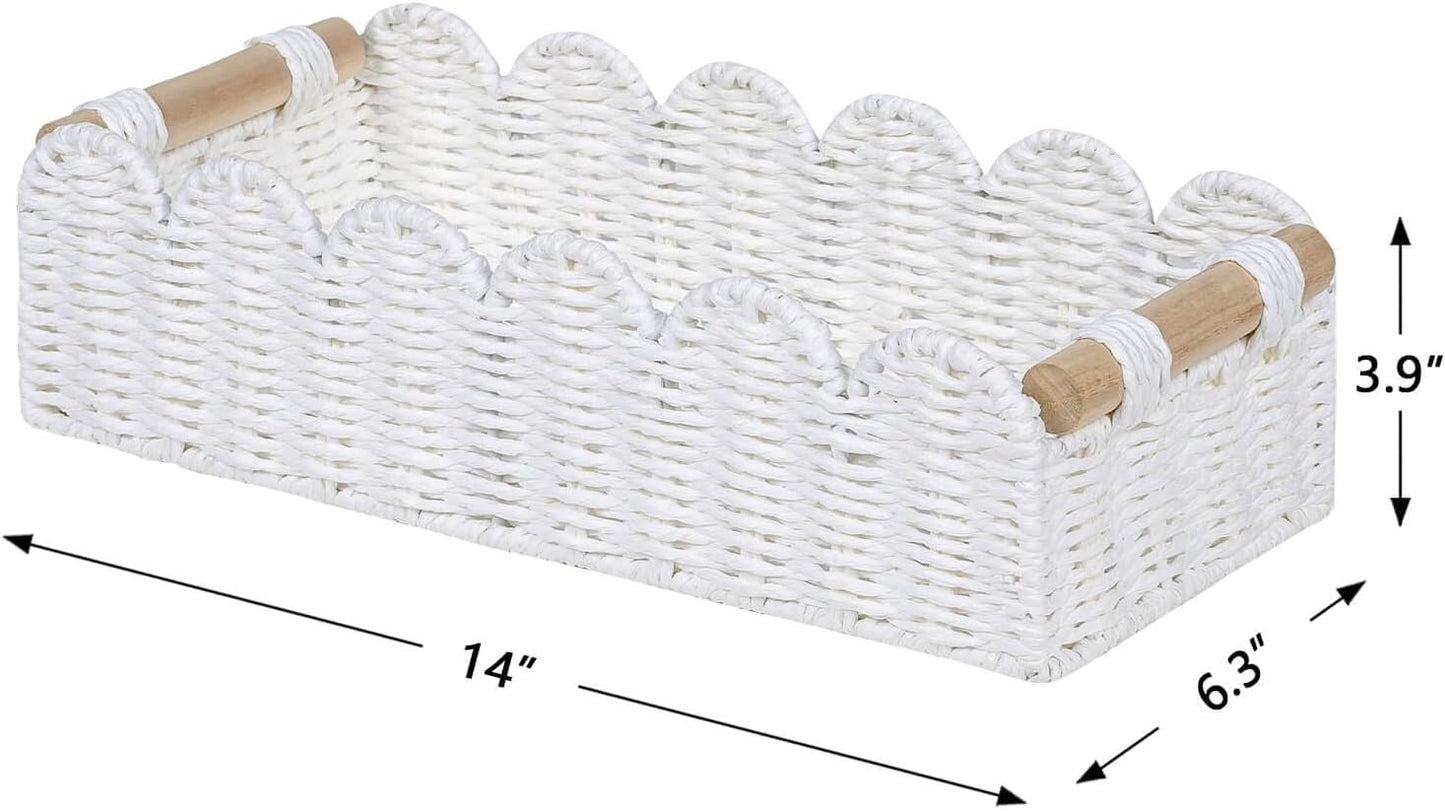 CubesLand Paper Rope Scalloped Edge Toilet Paper Storage Basket, Small Living Room, Bedroom Decor Baskets for Over Toilet Storage Shelf, End Table, Shelves and More, with 2 Wooden Handle, Neutral