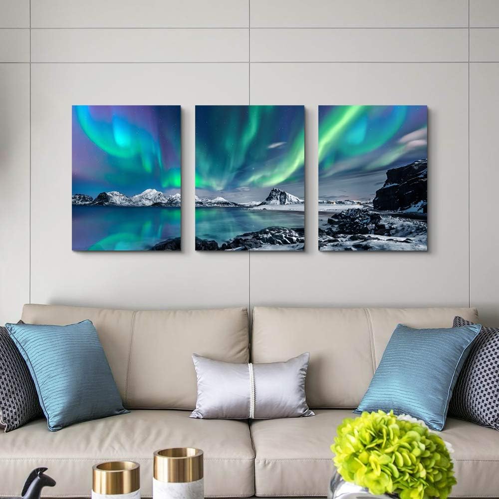 MHARTK66 Wall Art for Bedroom Wall Decor for Living Room Office Decor Abstract Mountain Aurora Landscape Painting 3 Piece Scenic Framed Canvas Art Prints Ready to Hang Kitchen Wall Pictures Home Decor