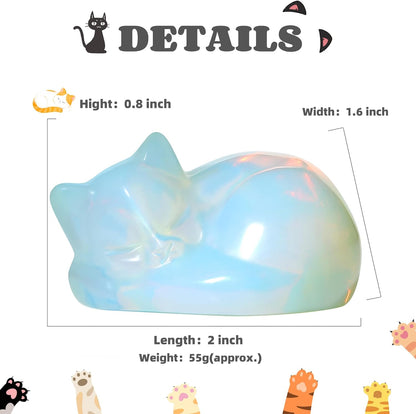 YATOJUZI 2" Cat Decors Statue Opal Moonstones Crystals Opalite Sleeping Cats Gemstone Hand-Carved Cute Animal Figurines Home Office Desk Decor Stocking Stuffers Cat Themed Ornaments Gifts for Women