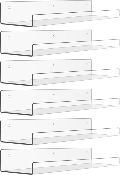 upsimples 6 Pack Acrylic Shelves for Wall Storage, 15" x 4“ Floating Bookshelves for Kids, Display Shelf Organizer for Bathroom, Bedroom, Living Room, Kitchen, Room Decor, Clear