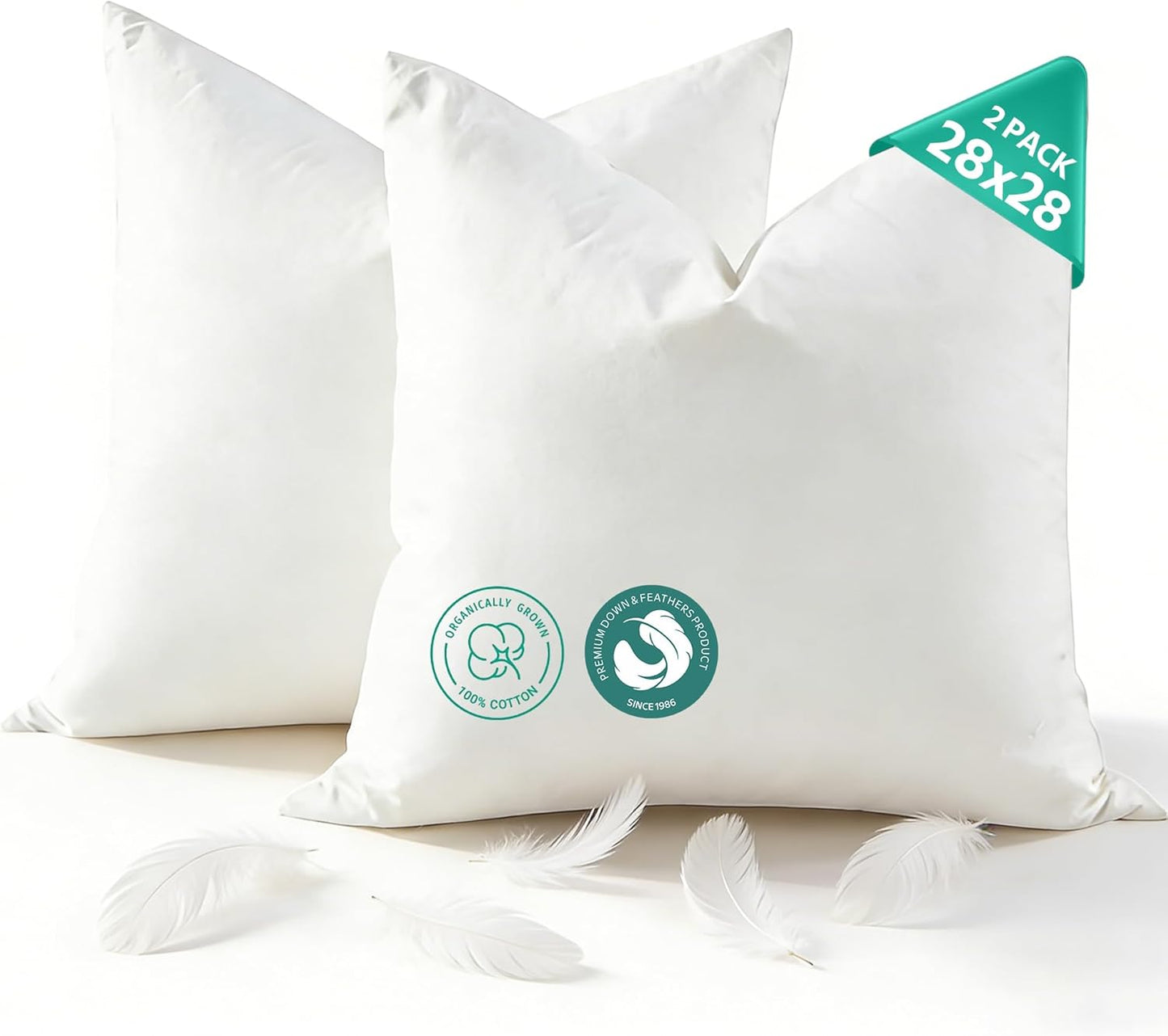APSMILE Organic Cotton Goose Feather Down Plus Throw Pillow Inserts, 18x18 Inch Set of 2, Soft Supportive Square Decorative Pillow Forms for Couch, Sofa, Bed