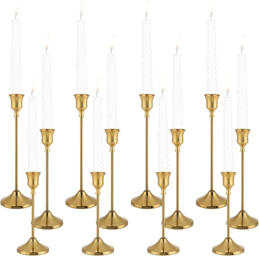 Candlestick Holders 4 Sets(12 Pcs), Brass Gold Candle Holders with Anti-Slip Pad, Metal Taper Candle Holder, Candle Holder for Wedding Fireplace Mantel Housewarming Gift