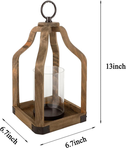 Rustic Wood Lantern Candle Holder for Farmhouse Decor - Indoor and Outdoor Table Centerpiece with Glass Hurricane, 13" High