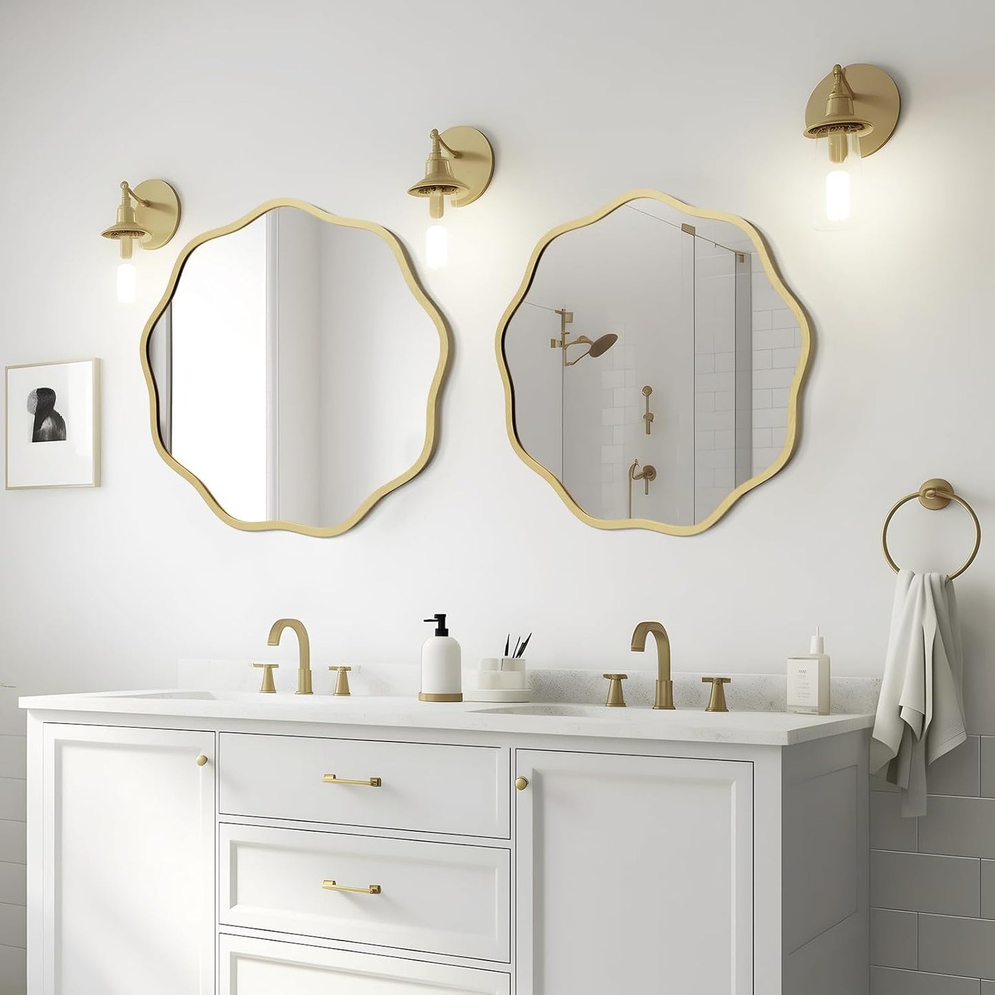 WallBeyond Round Wavy Mirror for Wall Decorative 24 inch, Modern Round Mirror Aluminum Frame for Bathroom Bedroom Living Room Home House Office Entryway, Gold
