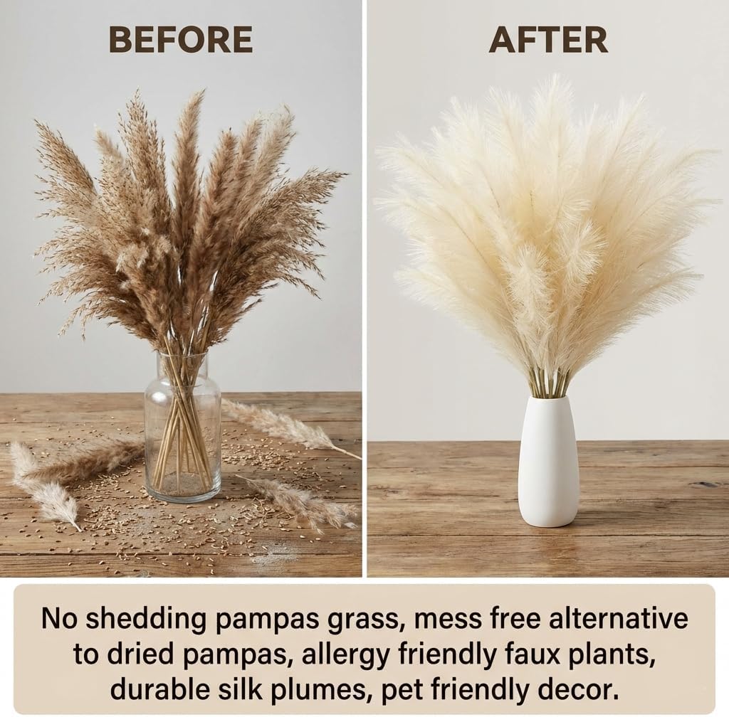 Pampas Grass Decor 21.7 Inch 30pcs, Faux Pampas Grass White Beige Brown Ultra Fluffy No Shedding for Boho Home Bedroom Wedding Vase Filler Dried Flower Arrangement