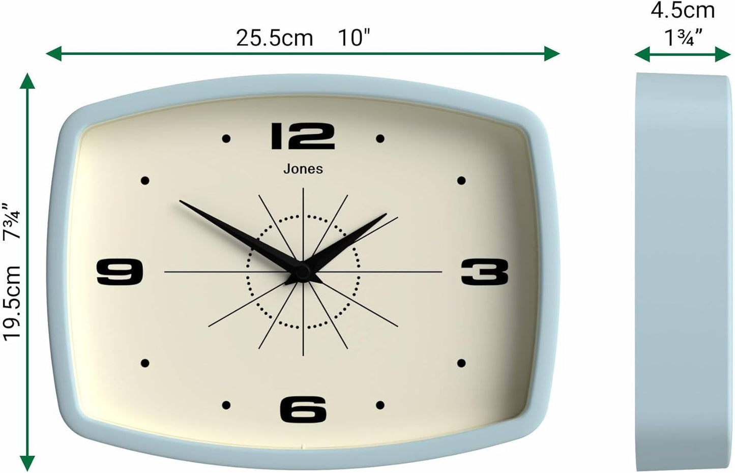JONES CLOCKS® Movie wall Clock | Retro Rectangular Clock | 10 inch | Orange | Cool mid-Century Designer Look for Kitchen, Living Room or Office
