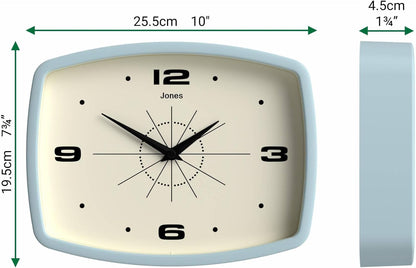 JONES CLOCKS® Movie wall Clock | Retro Rectangular Clock | 10 inch | Orange | Cool mid-Century Designer Look for Kitchen, Living Room or Office