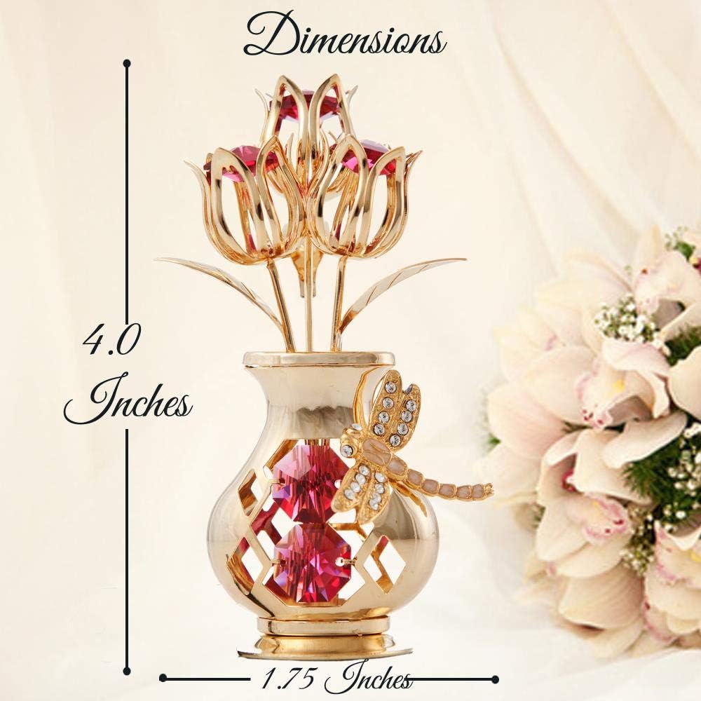 Matashi 24K Gold Plated Crystal Flower Figurine with Clear Crystals & Butterfly – Luxury Decorative Tulip Statue, Elegant Tabletop Home Décor, for Mother's Day, Valentine's Day, Christmas