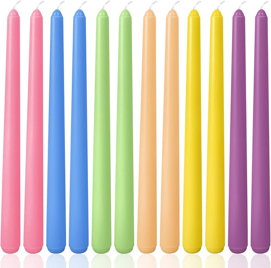 10 Inch Colored Taper Candles for Religious and Spiritual Settings, 12 Pack Unscented Candlesticks for Holiday, Seasonal Celebration and Home Decoration