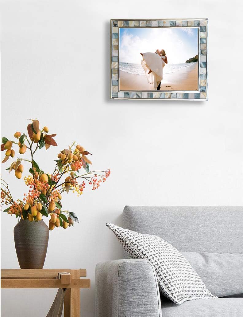 Silver Plate Picture Frame 5x7 Mother of Pearl 5 by 7 Photo Frame Mosaic Glass Tabletop Frame (Grey+ White,1pc)