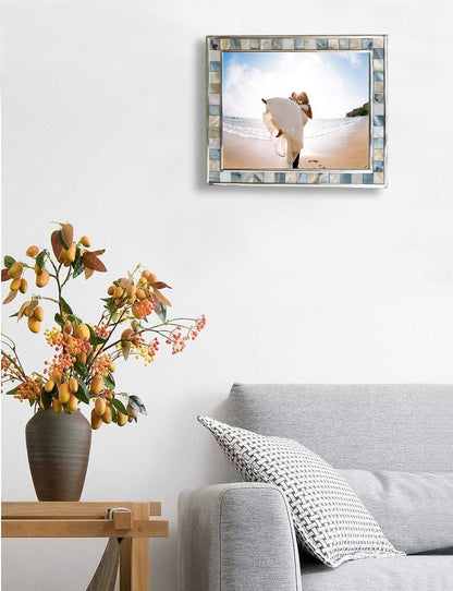Silver Plate Picture Frame 5x7 Mother of Pearl 5 by 7 Photo Frame Mosaic Glass Tabletop Frame (Grey+ White,1pc)