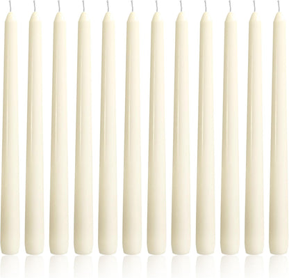 OSHINE Ivory 10 Inch Taper Candles - 12 Pack Long Taper Candle Dripless Unscented Smokeless & Emergency 7-8 Hours Long Burning Tall Candlesticks Ideal for Weddings, Dinner Party, Easter