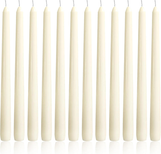 OSHINE Ivory 10 Inch Taper Candles - 12 Pack Long Taper Candle Dripless Unscented Smokeless & Emergency 7-8 Hours Long Burning Tall Candlesticks Ideal for Weddings, Dinner Party, Easter
