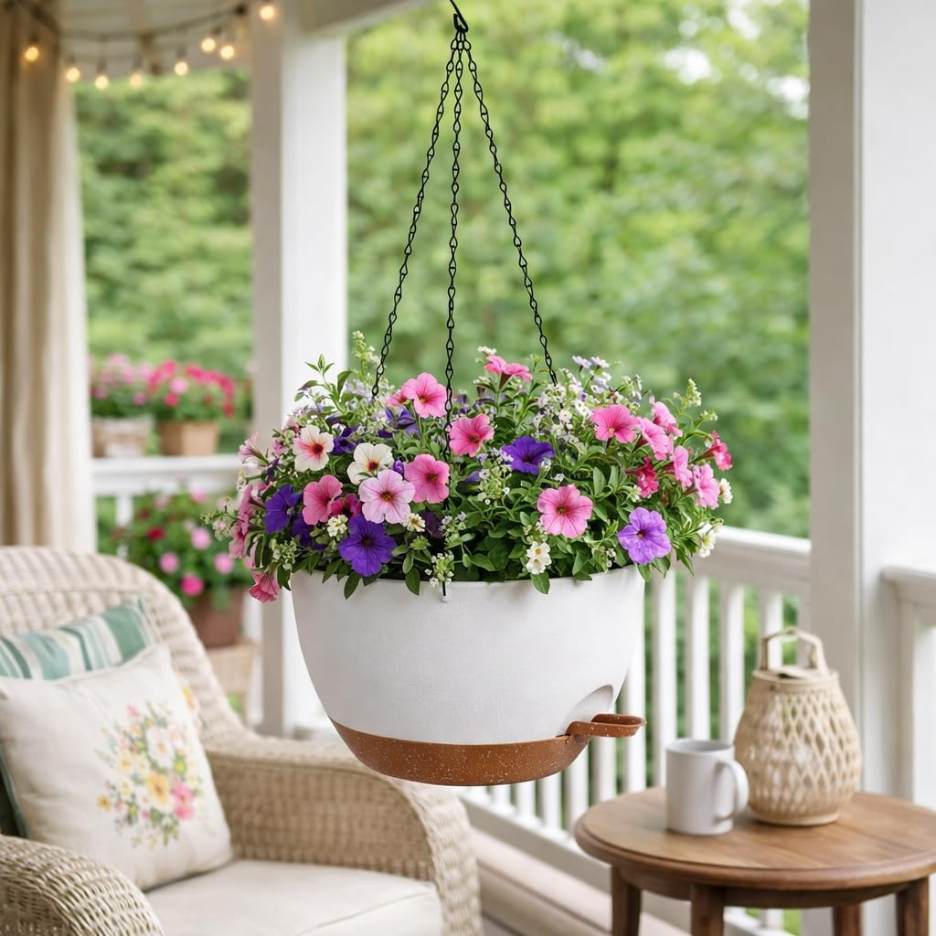 TYMENSH Hanging Plant Pots 12 inch Set of 2, Self Watering Hanging Planters with Drainage Holes, Indoor Outdoor Plastic Flower Pots with Hanging Chains for Balcony, Porch, Garden, Home Décor, Green