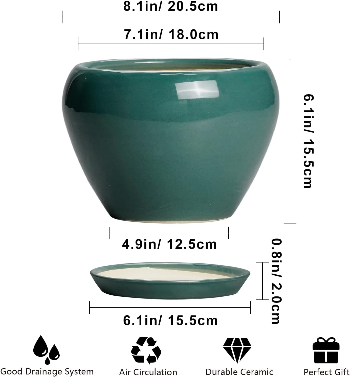 Ceramic Modern Glaze Succulent Planter Pot with Drainage Hole and Saucer 6 Inch Round Flower Plant Pot for Indoor Outdoor Herb Snake Plants