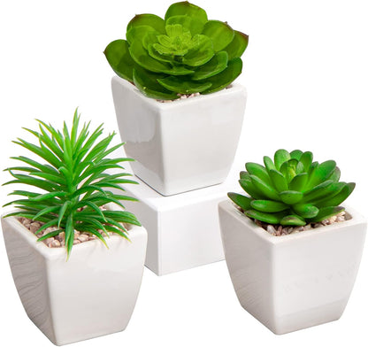Briful Mini Fake Plants 4 Packs Succuletns Artificial Potted Plants in Cube Glass Vase Faux Succulents for Bathroom Living Room Kitchen Shelf Table Decor