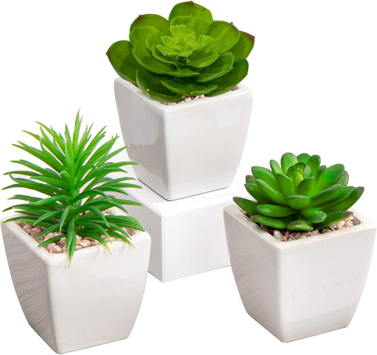 Briful Mini Fake Plants 4 Packs Succuletns Artificial Potted Plants in Cube Glass Vase Faux Succulents for Bathroom Living Room Kitchen Shelf Table Decor