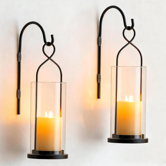 Wall Candle Holder Set of 2: Black Metal Modern Hurricane Candle Lantern Decoration for Outdoor - Minimalist Candle Sconces wall Decor for Bedroom Hallway Bedide TV