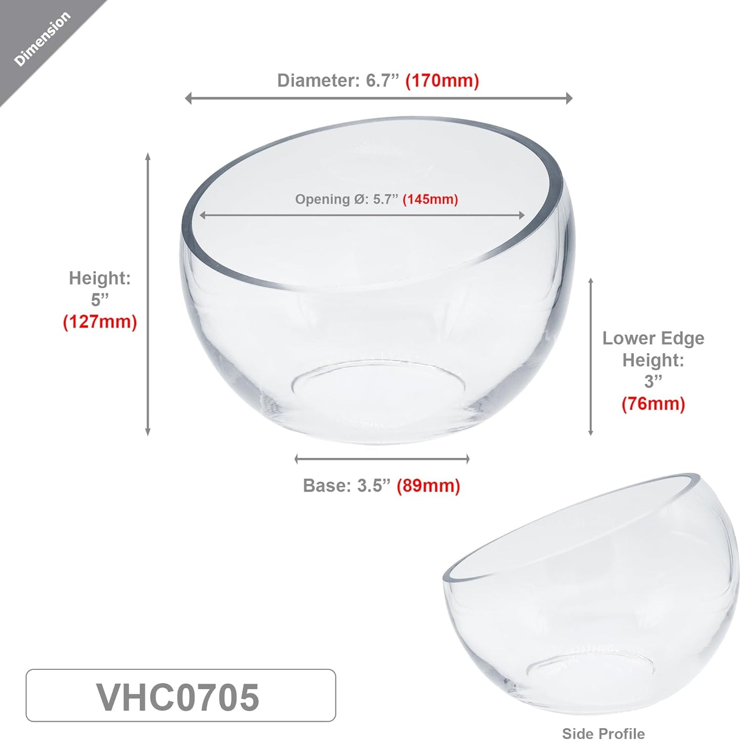 WGVI Clear Slant Cut Bowl Glass Vase, Glass Terrarium, Candy Dish, Glassware, Slant Open: 7". Height: 6" x 2.7". Base: 4" (1 Piece)