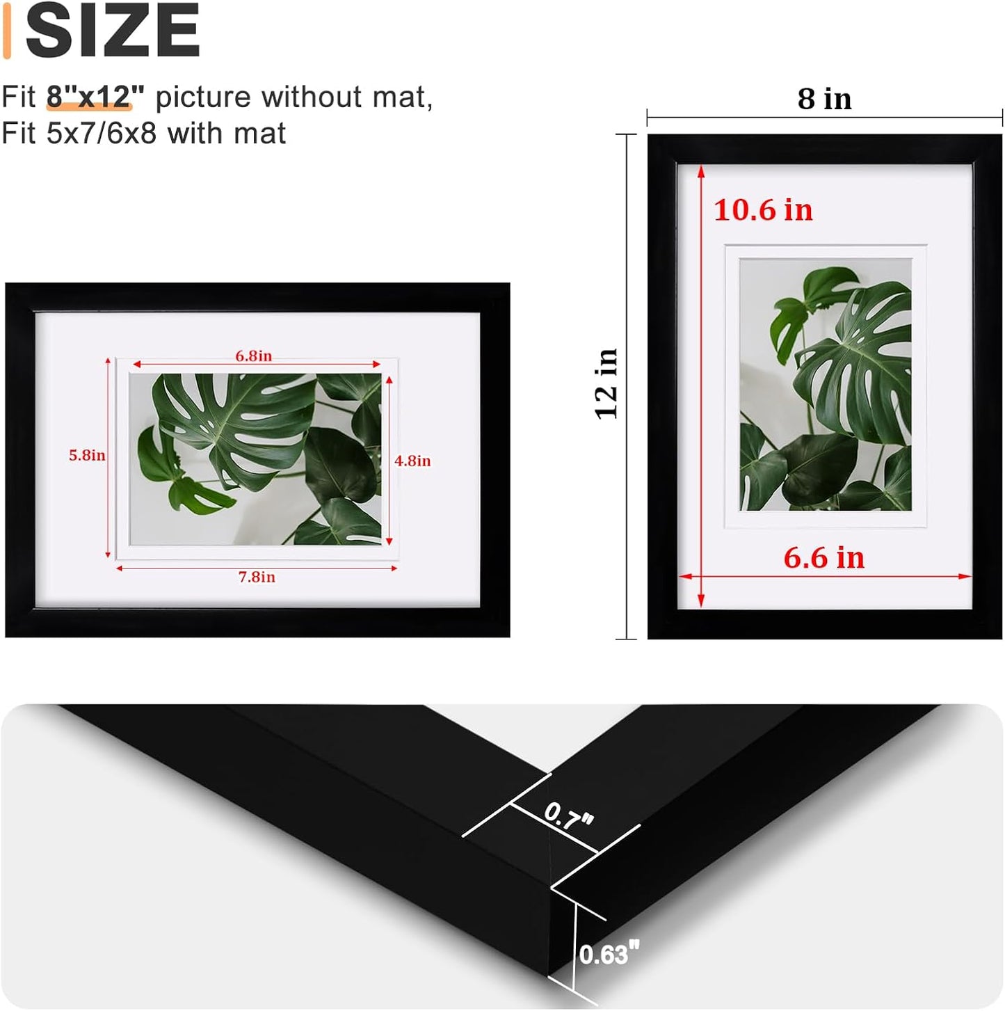 Egofine 12x16 Picture Frame Black, Covered by Plexiglass Made of Solid Wood, Display Pictures 9x12 and 11x14 with Mat or 12x16 Without Mat, for Wall Mounting Photo Frame - Colors B