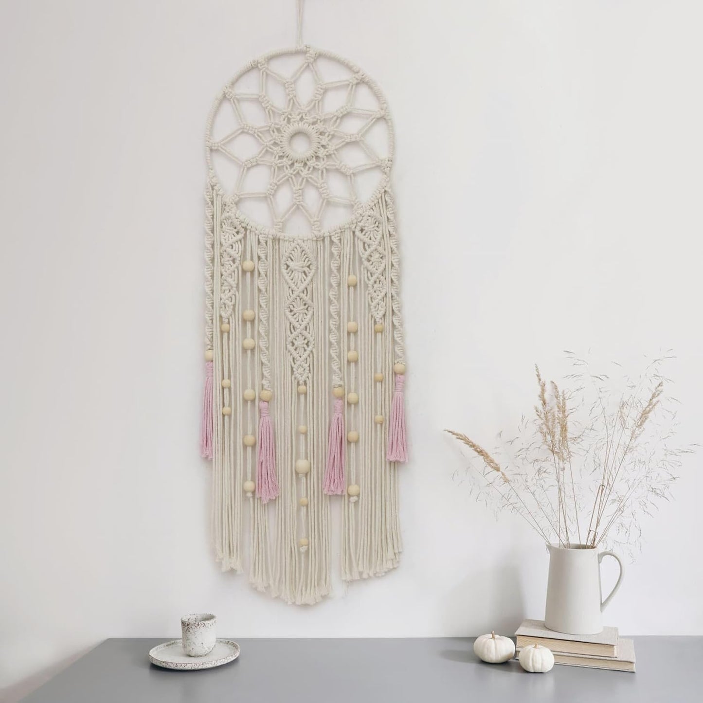 LB Boho Macrame Wall Hanging - Green and Beige Handmade Cotton Woven Decor, Modern Geometric Bohemian Tapestry Wall Decor for Bedroom Living Room Home (31.5"x9.84") Nature-Inspired Room Decor