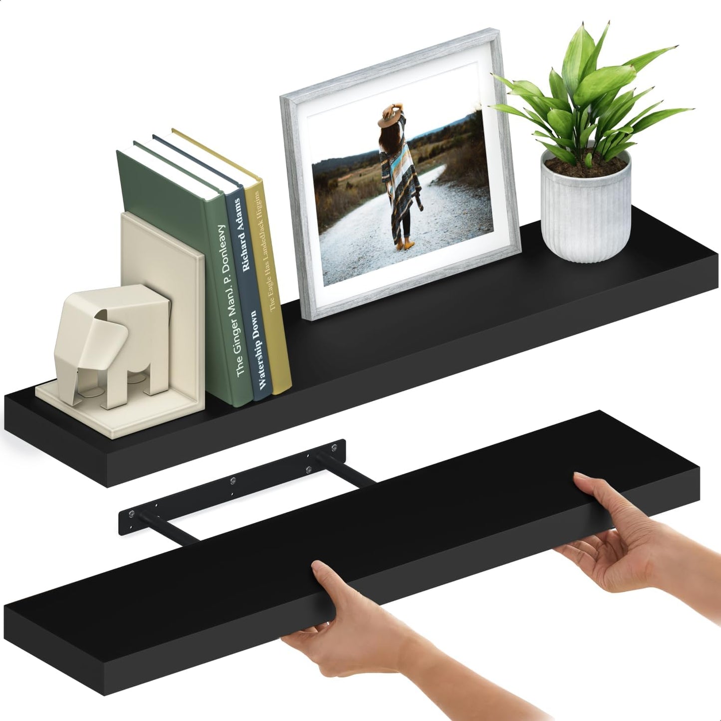 Ballucci Floating Shelves for Wall, 48" Wood Wall Shelf Set of 2, with Invisible Brackets for Bathroom, Living Room, Bedroom, Kitchen, Nursery, 8" Deep, Black