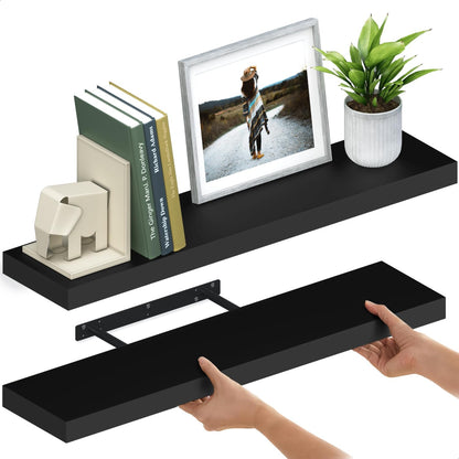 Ballucci Floating Shelves for Wall, 48" Wood Wall Shelf Set of 2, with Invisible Brackets for Bathroom, Living Room, Bedroom, Kitchen, Nursery, 8" Deep, Black