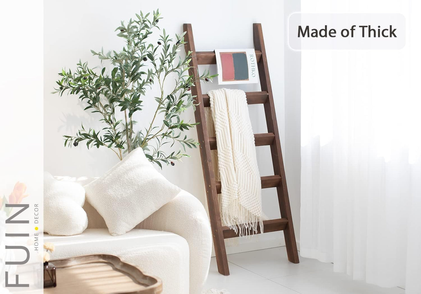 FUIN 5ft (58") Wood Blanket Ladder Living Room Decorative Wall Leaning Farmhouse Quilt Display Holder Storage Rustic Wooden Towel Rack for Bathroom, Brown