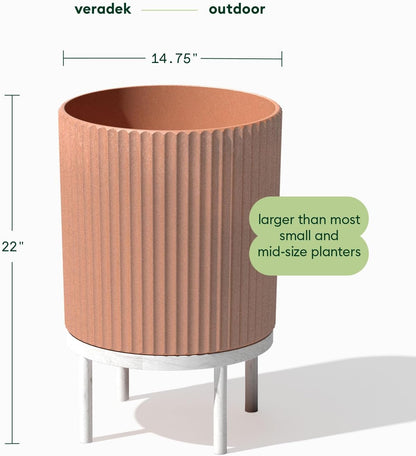 Veradek Demi Series Round Planter w/ Stand for Porch/Patio | Durable Plastic-Concrete & Wooden Stand | Modern Décor for Tall Plants, Flowers