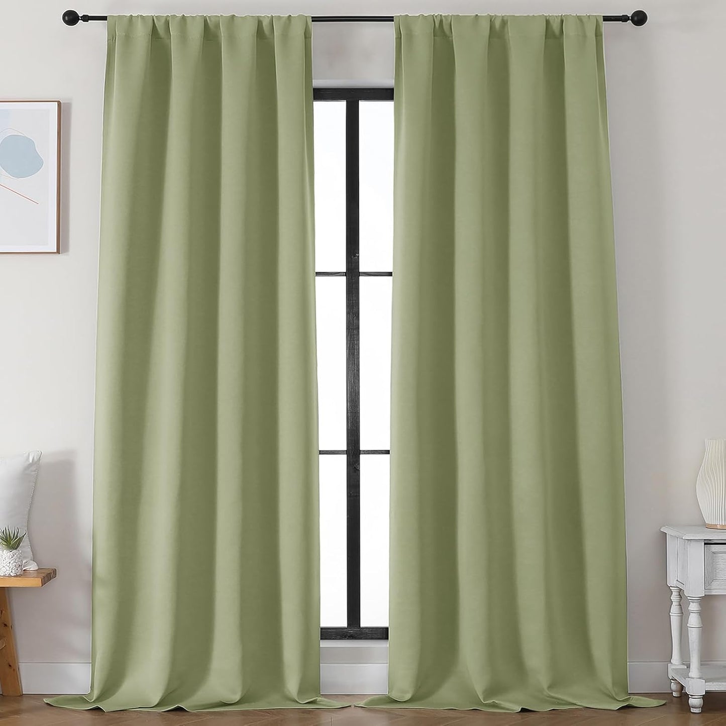 Simplebrand Ava Sage Green Blackout Curtains for Bedroom 63 Inch Length 2 Panels Set, Solid Thermal Insulated Energy Saving Rod Pocket Window Treatment Curtains Blackout Drapes, W40 x L63 Inch, Sage - Colors A