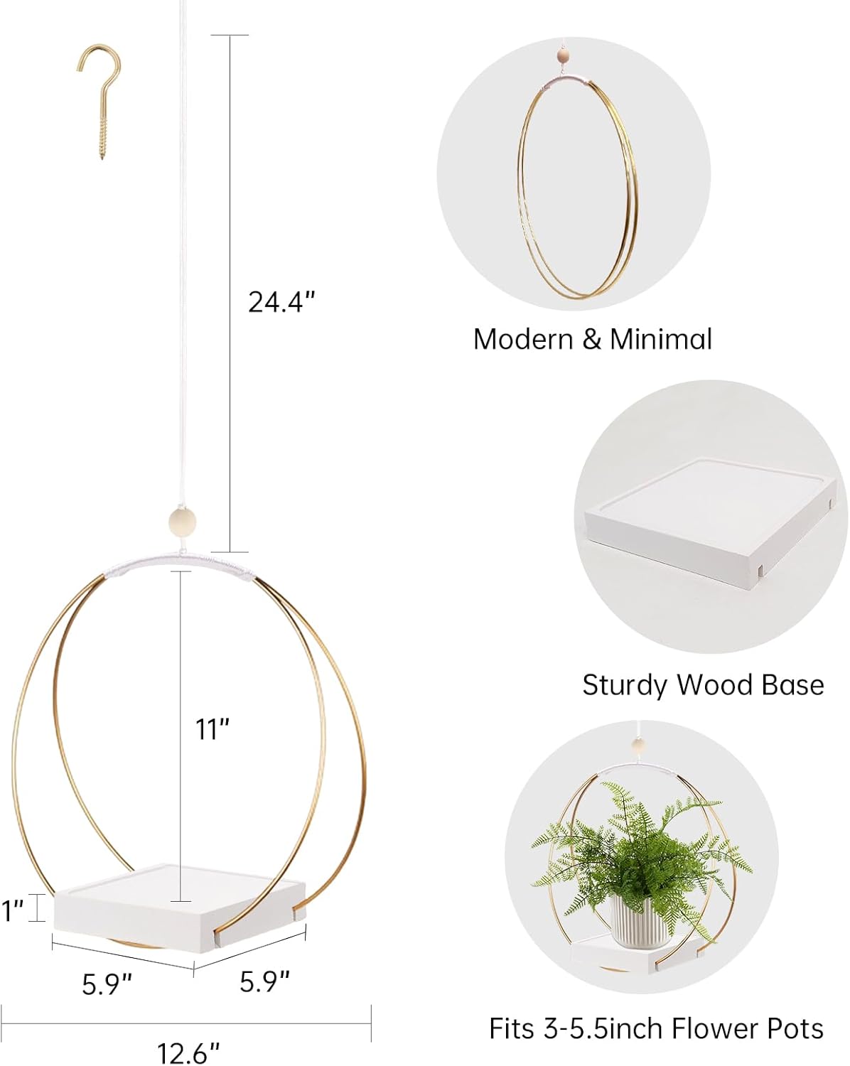 Hanging Planter for Indoor Plants, Black Plant Hanger Indoor with Sturdy Wood Base, Modern Boho Macrame Plant Hanger for 3-5.5 Inch Pot, Hanging Wall Ceiling Window Home Decor (Pots Not Included)