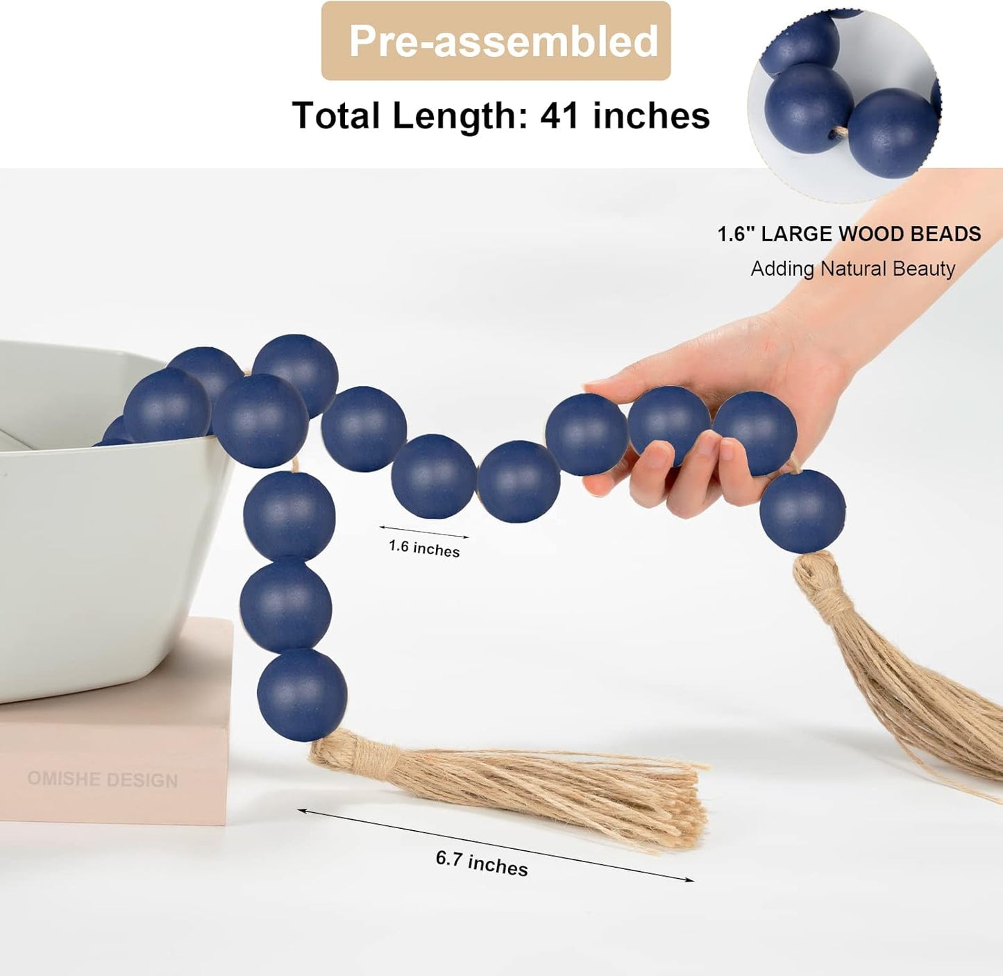 OMISHE Extra Large Wood Bead Garland with 1.6" Diameter Wooden Beads and Tassels, 41" Long Rustic Farmhouse Country Decorative Beads for Home Tiered Tray Decor, Natural Beige
