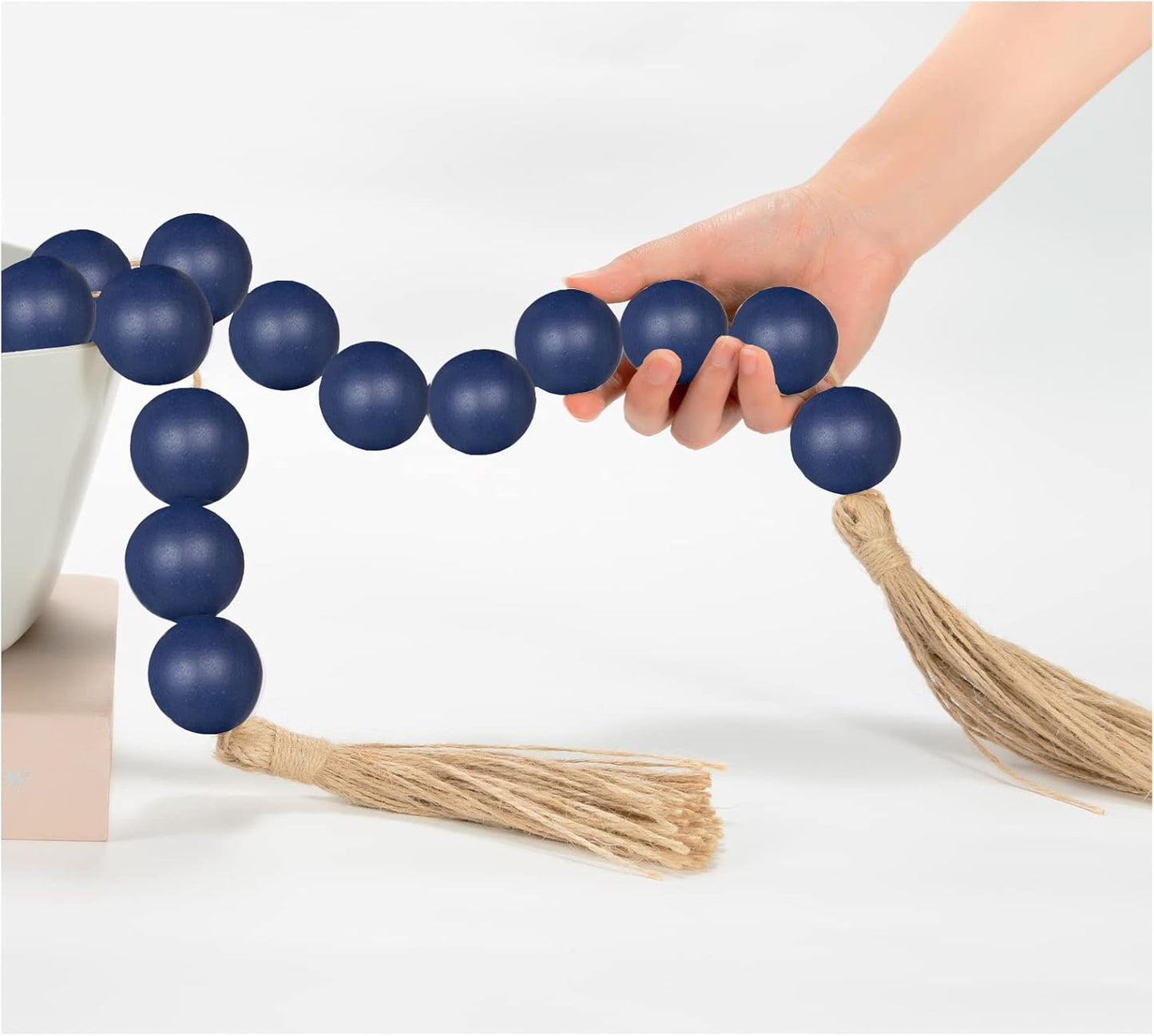 OMISHE Extra Large Wood Bead Garland with 1.6" Diameter Wooden Beads and Tassels, 41" Long Rustic Farmhouse Country Decorative Beads for Home Tiered Tray Decor, Natural Beige