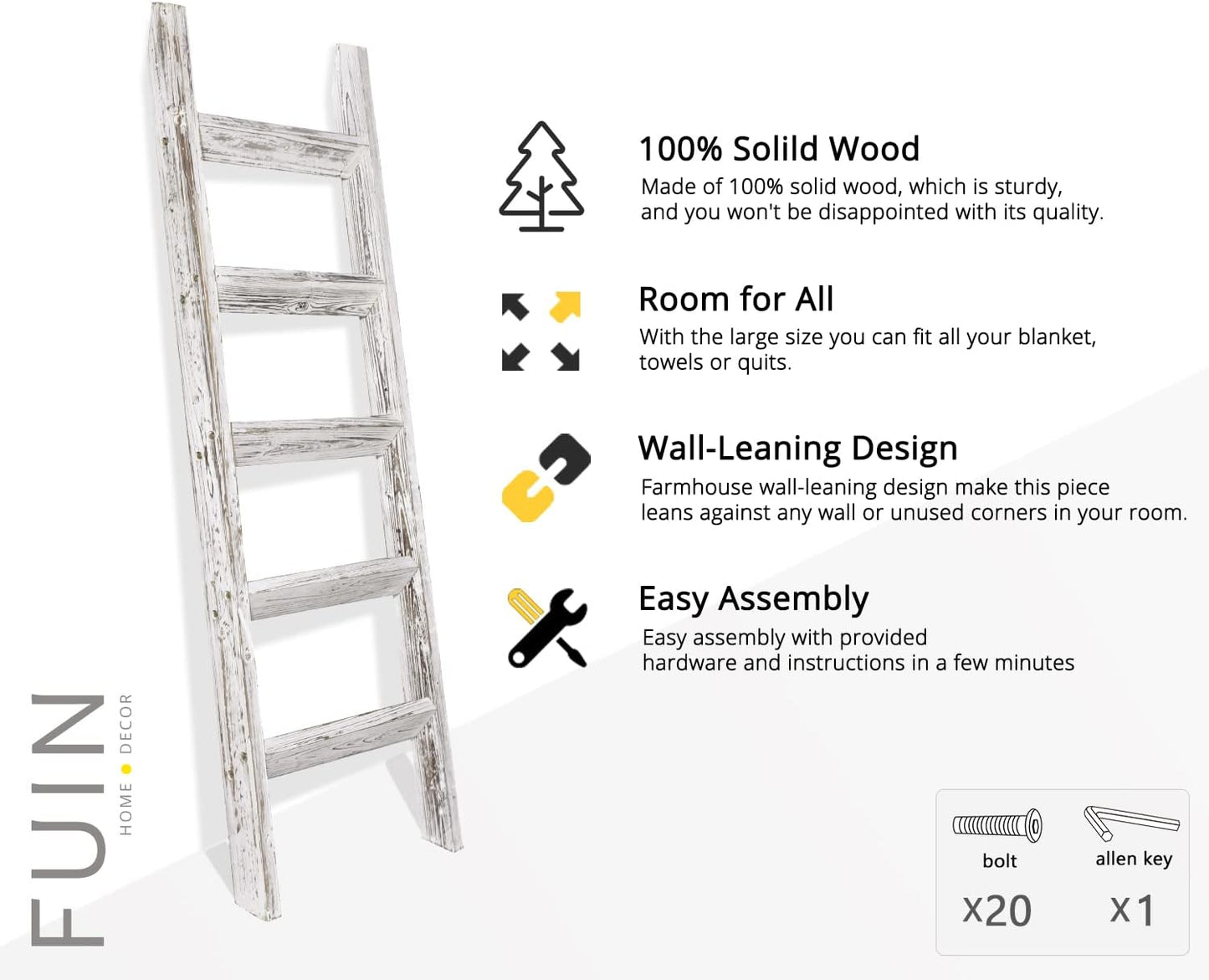 FUIN 5ft (58") Wood Blanket Ladder Living Room Decorative Wall Leaning Farmhouse Quilt Display Holder Storage Rustic Wooden Towel Rack for Bathroom, Brown