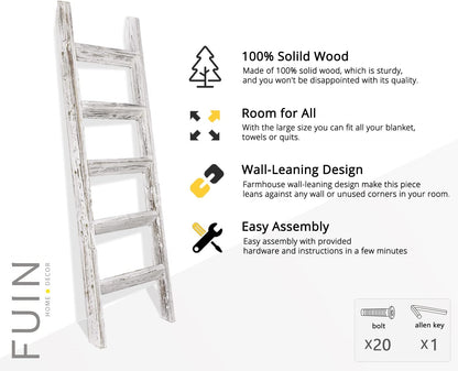 FUIN 5ft (58") Wood Blanket Ladder Living Room Decorative Wall Leaning Farmhouse Quilt Display Holder Storage Rustic Wooden Towel Rack for Bathroom, Brown