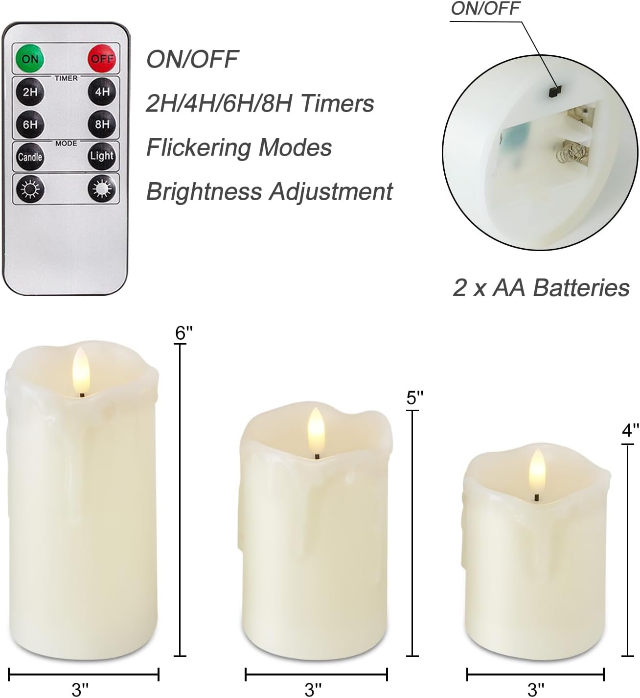 Homemory 6"x3" Outdoor Waterproof Flameless Candles, LED Candles, Battery Operated Candles with Remote and Timers, Electric Fake Plastic Pillar Candles, Ivory White, Set of 2