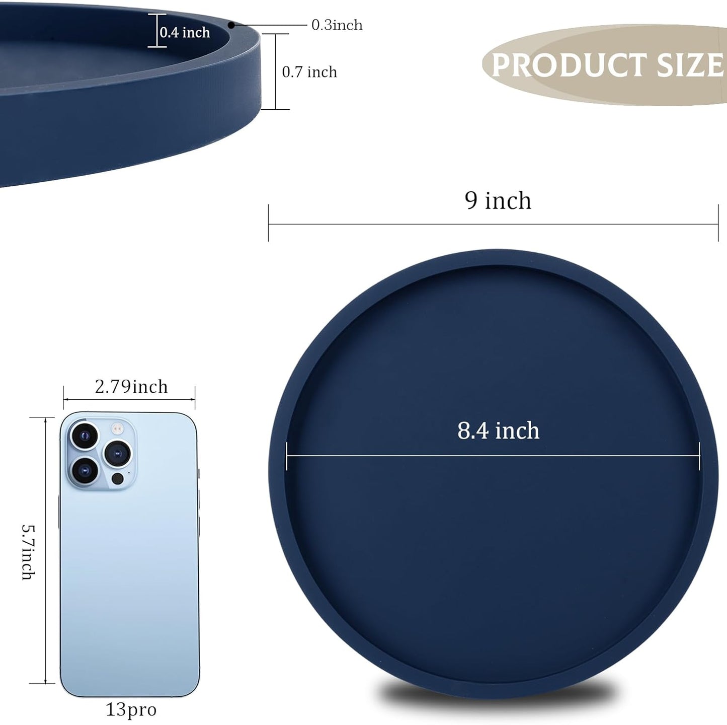 Silicone Bathroom Tray Round Vanity Tray Decorative Soap Holder Kitchen Countertop Organizer Coffee Table Decor for Candle, Perfume, Plant, 9 Inch, Black