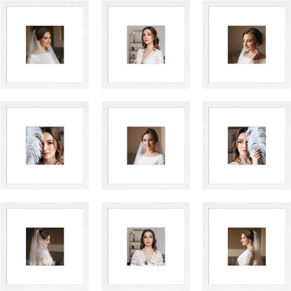 12x12 Picture Frame Set of 9, Display Pictures 8x8 with Mat or 12x12 without Mat, Multi Collage Gallery Square Photo Frames for Wall or Tabletop, Black