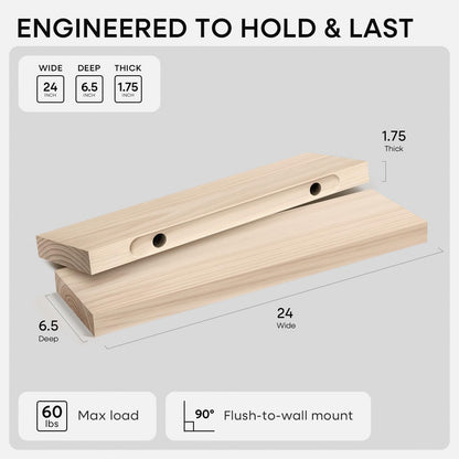 Homeforia 24 inch Natural Floating Shelf, High End Solid Real Wood 24inch Small Floating Shelves for Wall Mounted, Natural Wooden Floating Shelves, Heavy Duty Bracket, 24 X 6.5 X 1.75 in, Set of 2