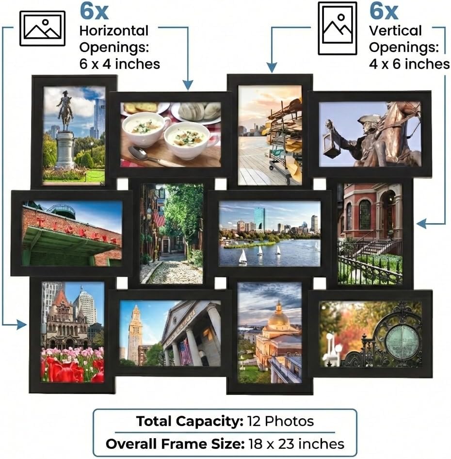 MELANNCO Collage Picture Frame for Wall, Holds 12 Photos - Six 4x6 and Six 6x4 Images, 18x23 Inch Black Plastic Frame, Hang Horizontal or Vertical, Gallery Wall Decor
