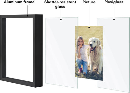 Americanflat Aluminum 11x14 Floating Picture Frame with Shatter-Resistant Glass - Use as 8x10 Picture Frame or Display 11x14 Photo - Signature Float Collection - Photo Frames for Wall Display - Black