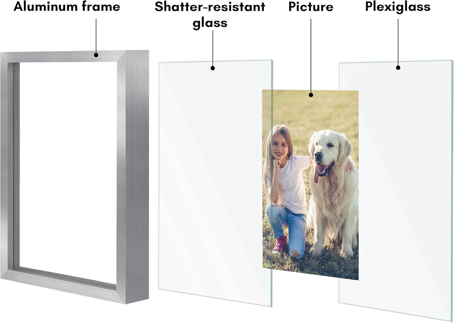 Americanflat Aluminum 11x14 Floating Picture Frame with Shatter-Resistant Glass - Use as 8x10 Picture Frame or Display 11x14 Photo - Signature Float Collection - Photo Frames for Wall Display - Black