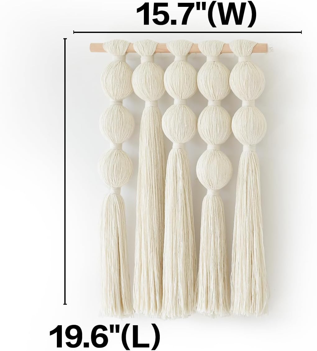 Macrame Wall Hanging Boho Home Decor Handmade Cotton Fiber Art with Neutral Ivory Tassels Modern Bohemian Wall Decor for Living Room Bedroom Apartment 27" W x 22" L