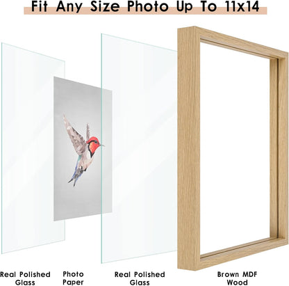 MUYE 11x14 Floating Frame Set of 2,Double Glass Rustic Frame,Display Any Size Photo up to 11x14,Wall Mount or Tabletop Standing,Natural