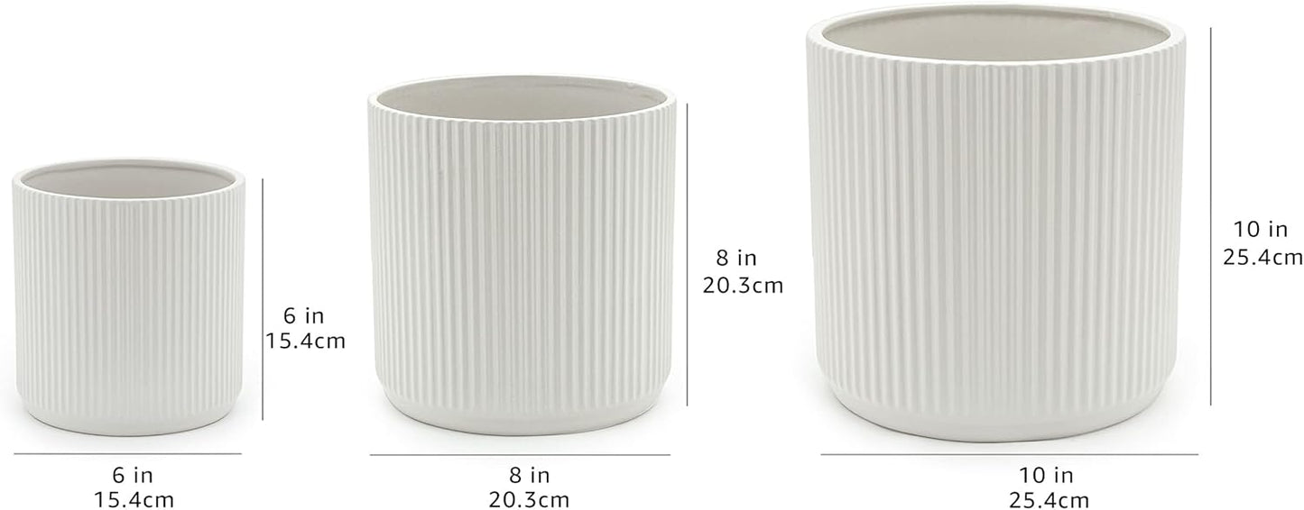 Amazon Basics Fluted Ceramic Round Planter with Drainage Hole, Indoor Outdoor Flower Pot, 10-inch, White