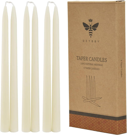 8'' Natural Ivory White Beeswax Taper Candles Set of 6, DEYBBY Smokeless and Dripless Beeswax Candles, Long Lasting Burning