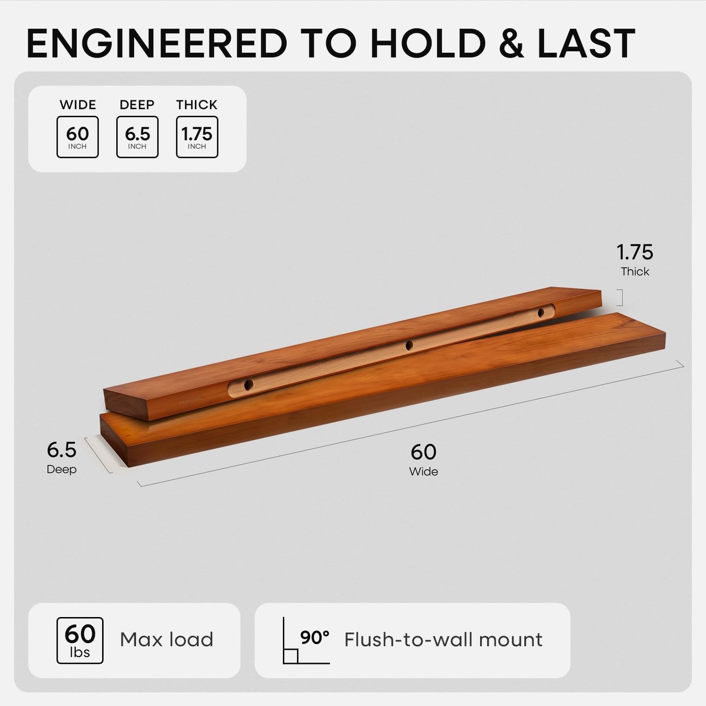 Homeforia 24 inch Natural Floating Shelf, High End Solid Real Wood 24inch Small Floating Shelves for Wall Mounted, Natural Wooden Floating Shelves, Heavy Duty Bracket, 24 X 6.5 X 1.75 in, Set of 2