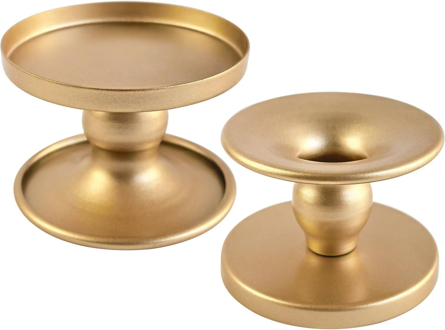 Table Gold Candle Holders – Set of 2 | Reversible Metal Candle Stand for Pillar & Taper Candles | Stylish Tabletop Candle Tray for Home Décor, Weddings & Special Occasions (Gold)